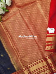 KANCHI STRIPES BUTTA BORDER SAREE NAVY BLUE RED