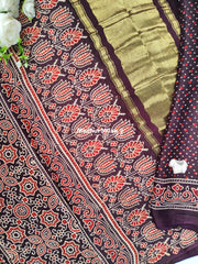 CHECKS AJRAKH PRINT GAJI MODAL SAREE CHOCOLATE BROWN