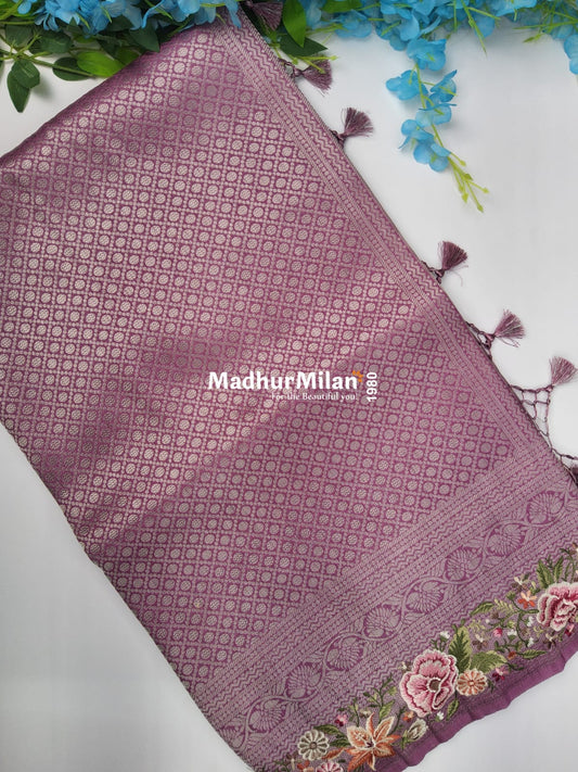 SOFT SILK EMBROIDERY WORK SAREE ONION PINK