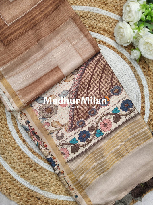 SEMI TUSSAR KALAMKARI PALLU SAREE BROWN
