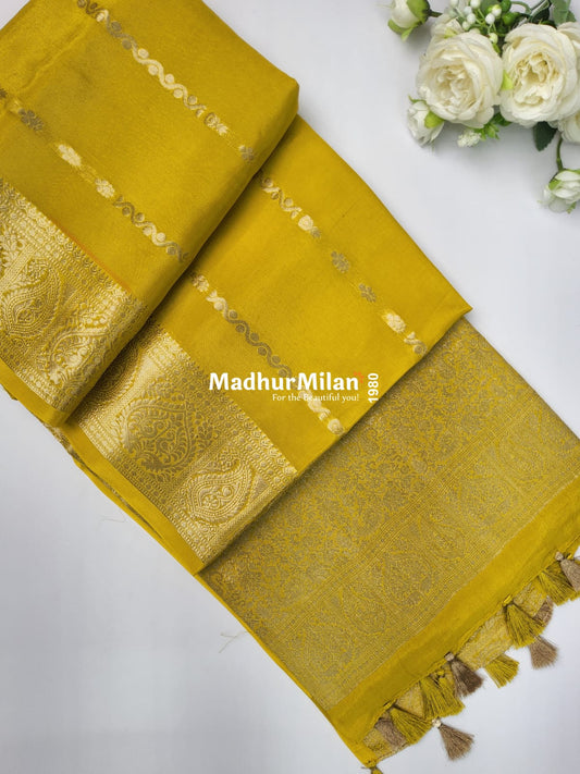 BANARASI RUSSIAN CREPE SAREE LEMON YELLOW
