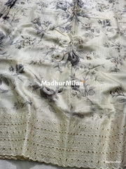 SEMI TUSSER FLORAL PRINTED BORDER EMBRIODERY SAREE - DUSTY GREY