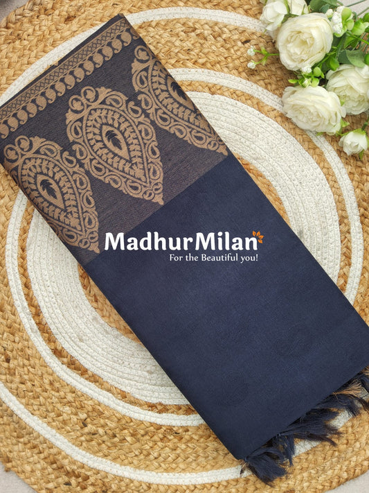 SUTI EMBOSE BORDER COTTON SAREE NAVY BLUE