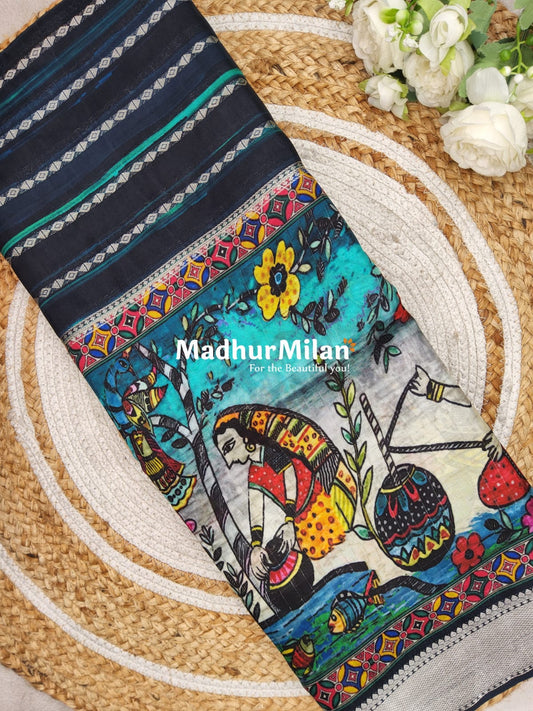 CHITRA PRINTS CREPE SAREE AQUA DEEP GREY