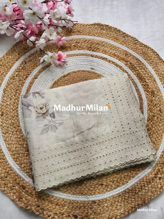 SEMI TUSSER FLORAL PRINTED BORDER EMBRIODERY SAREE - DUSTY BROWN