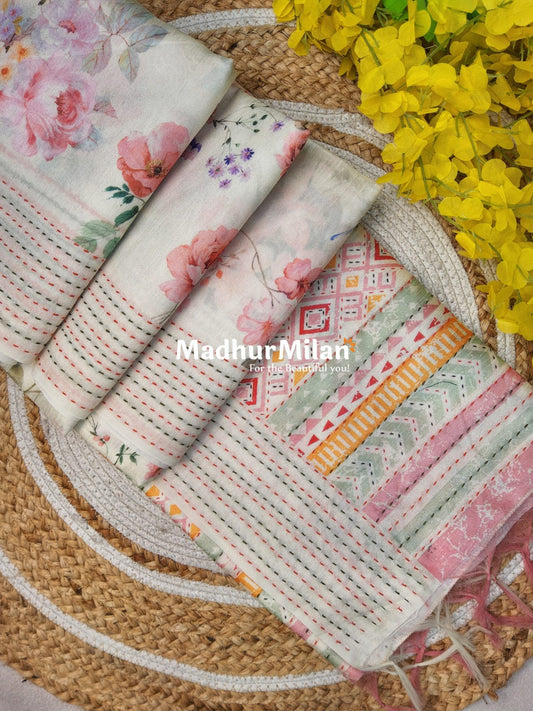 FLORAL KATHA LINE BORDER SEMI TUSSER SILK SAREE CREAM