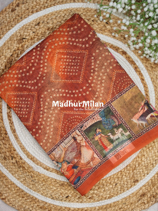 BANDHEJ DIGITAL MONGA SAREE RUST