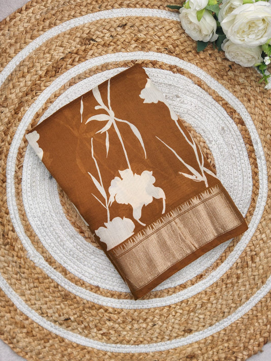 FLORAL PRINT ASSAM SILK SAREE RICH BROWN