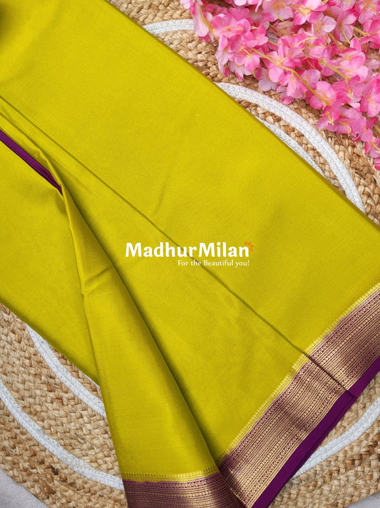 JARI BORDER 3 INCH PURE CREPE SILK SAREE LEMON YELLOW WINE