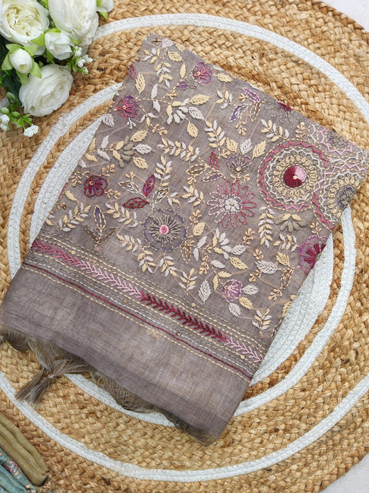 LENIN TISSUE EMBROIDERY WORK SAREE DUSTY BROWN