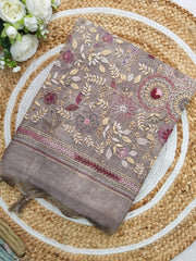 LENIN TISSUE EMBROIDERY WORK SAREE DUSTY BROWN