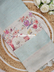 DIGITAL SEMI TUSSER SILK SAREE DUSTY CYAN