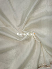 PEACOCK EMBROIDEY WORK TISSUE ORGANZA SAREE CREAM