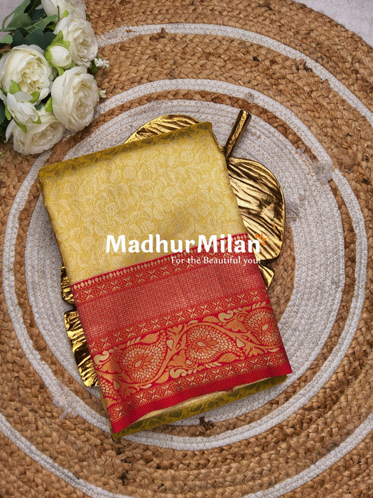 GANGOTRI TISSUE SILK SAREE DUSTY GOLDEN YELLOW PINK