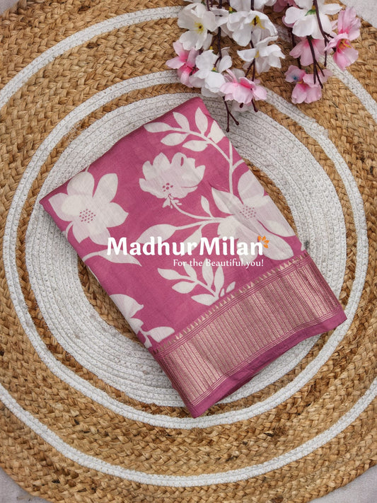 FLORAL PRINT ASSAM SILK SAREE PINK