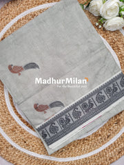 SUTI PARROT WEAVING BORDER COTTON SAREE LAUREL GREEN