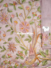 FLORAL EMBROIDERY WORK TISSUE ORGANZA SAREE DUSTY ROSE PINK