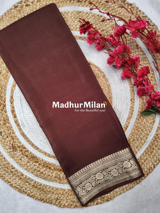 MAYA BANARASI CREPE PLAIN BODY GOLD JARI BORDER SAREE COFFEE