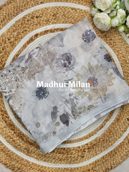LENIN KOTA FLORAL MIRROR WORK SAREE GREY