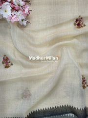 LENIN EMBROIDERY WORK SAREE CREAM GREY