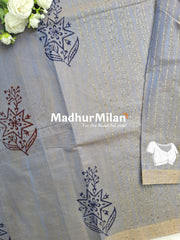 HANDPRINT COTTON SAREE GREY BLUE