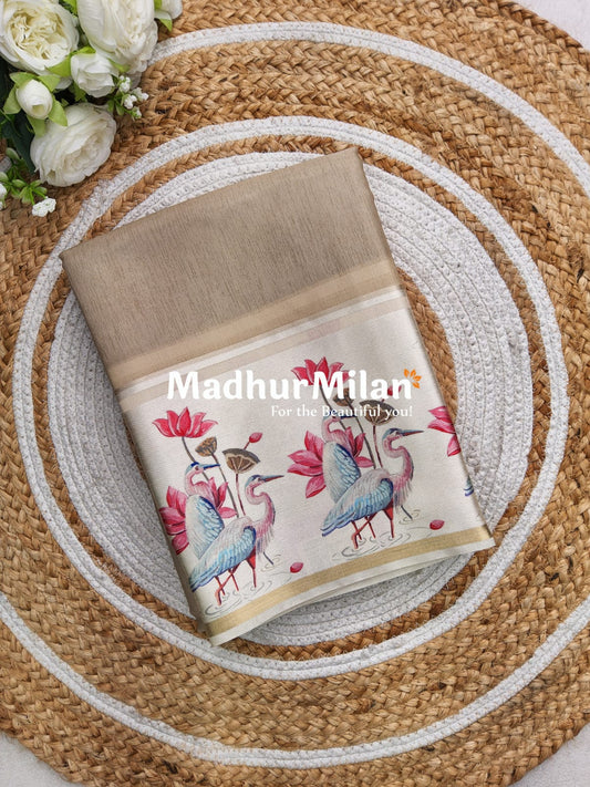 TORA SILK SATIN PRINTED BORDER SAREE BEIGE