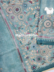 LENIN TISSUE EMBROIDERY WORK SAREE DUSTY RAMA