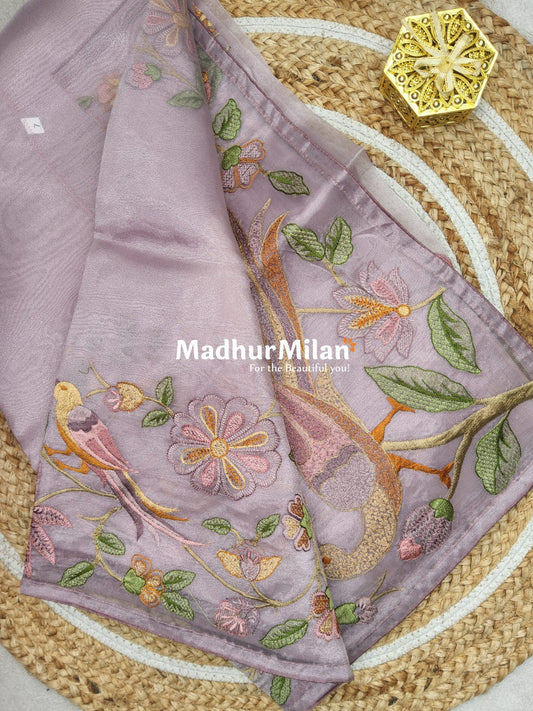 FLORAL EMBROIDERY WORK TISSUE ORGANZA SAREE DUSTY ROSE PINK