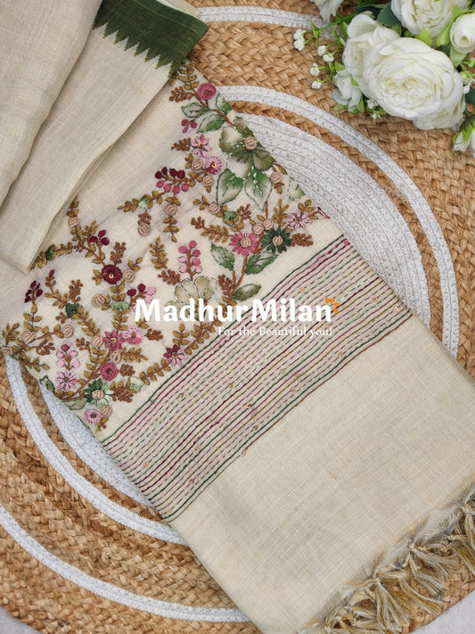 LENIN TISSUE EMBROIDERY WORK SAREE CREAM GREEN