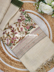 LENIN TISSUE EMBROIDERY WORK SAREE CREAM GREEN