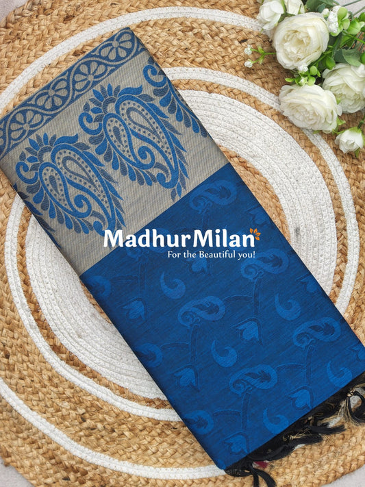 SUTI EMBOSE BORDER COTTON SAREE BLUE