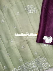FLORAL WHITE EMBROIDERY WORK SAREE SOFT SAGE GREEN