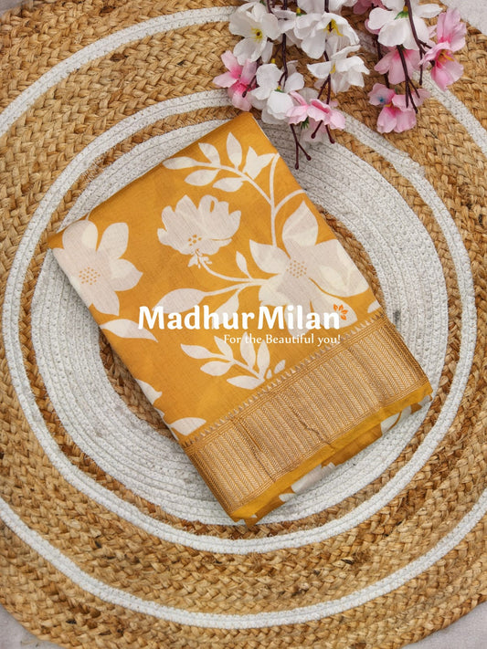 FLORAL PRINT ASSAM SILK SAREE GOLDEN YELLOW