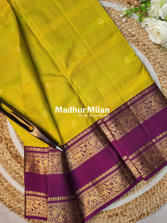 KANCHI CHECKS BUTTA BENTEX BORDER SAREE LEMON WINE