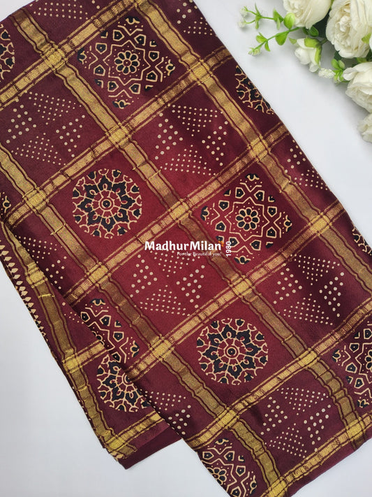 CHECKS AJRAKH PRINT GAJI MODAL SAREE BROWN