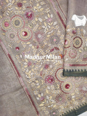 LENIN TISSUE EMBROIDERY WORK SAREE DUSTY BROWN