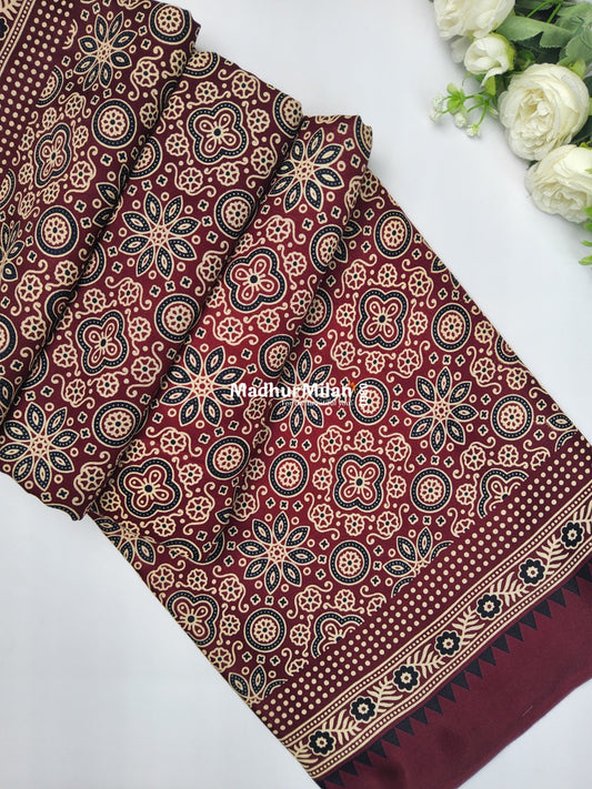 AJRAKH PRINT GAJI MODAL SAREE BROWN