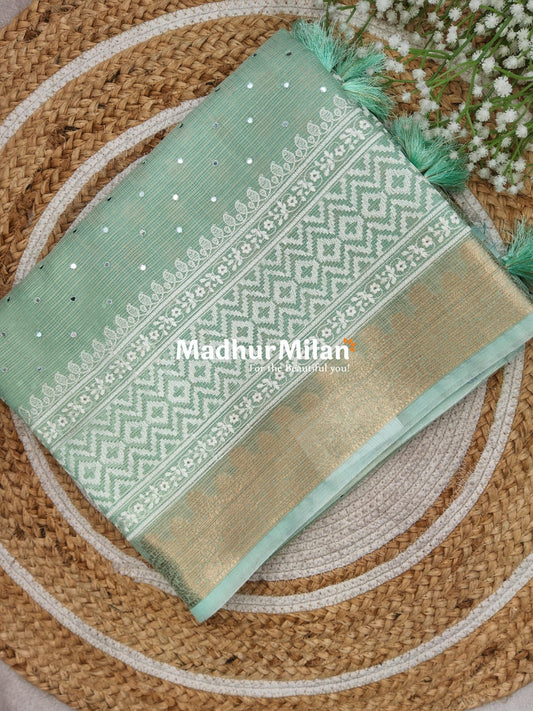 MONGA KOTA MIRROR WORK SAREE AQUA