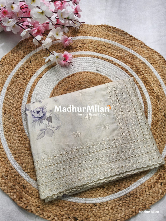 SEMI TUSSER FLORAL PRINTED BORDER EMBRIODERY SAREE - DUSTY BLUE