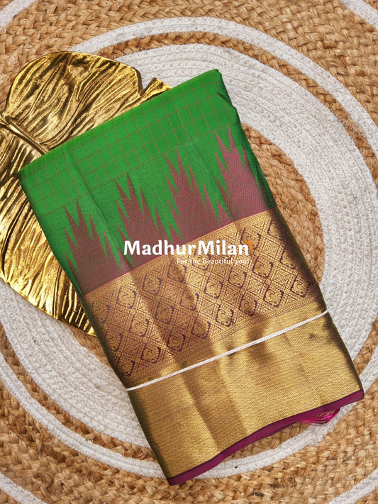 CHECKS TEMPLE JARI BORDER SAREE FERN GREEN PURPLE