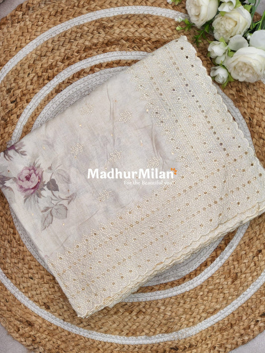 FLORAL PRINTED BORDER EMBRIODERY SEMI TUSSER SAREE DUSTY PINK