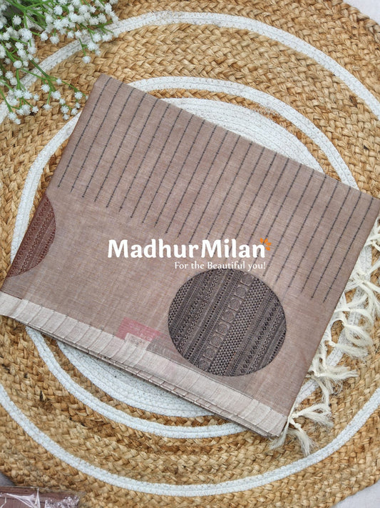 SUTI STRIPED BUTTA BORDER WEAVING COTTON SAREE DUSTY BROWN