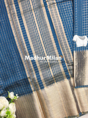 ASSAM SILK MINI CHECKS 7INCH BORDER SAREE DEEP STONE BLUE