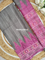 TEMPLE CHANDERI UNSTITCHED SALWAR SUIT GREY PINK