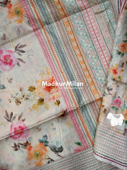 FLORAL KATHA LINE BORDER SEMI TUSSER SILK SAREE CREAM