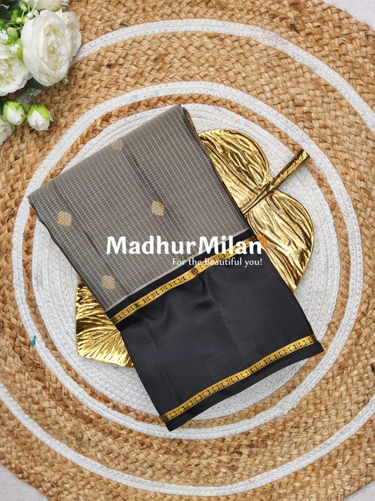 KORVAI CHECKS BUTTA BENTEX BORDER SAREE GREY BLACK