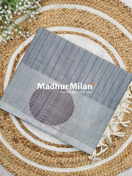 SUTI STRIPED BUTTA BORDER WEAVING COTTON SAREE GREY