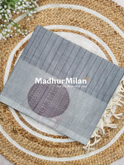 SUTI STRIPED BUTTA BORDER WEAVING COTTON SAREE GREY