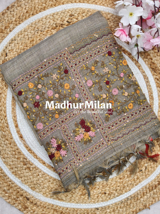 LENIN TISSUE EMBROIDERY WORK SAREE DUSTY GREY