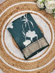 FLORAL PRINT ASSAM SILK SAREE DUSTY GREEN